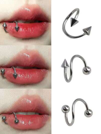 3件套性感甜美S形不锈钢女士唇环唇钉外螺纹尖唇穿孔饰品