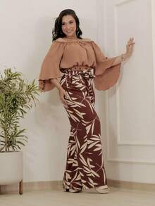 Printed High-Waisted Palazzo Pants With Pockets, Lining And Ties - 棕色印花褲 - 查看 4