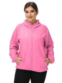 1pc Outdoor Women's Lightweight Solid Color Long Sleeve Casual Jacket, Zipper Hooded Plus Size Jacket, Water-Repellent Fabric Outerwear, Sunblock