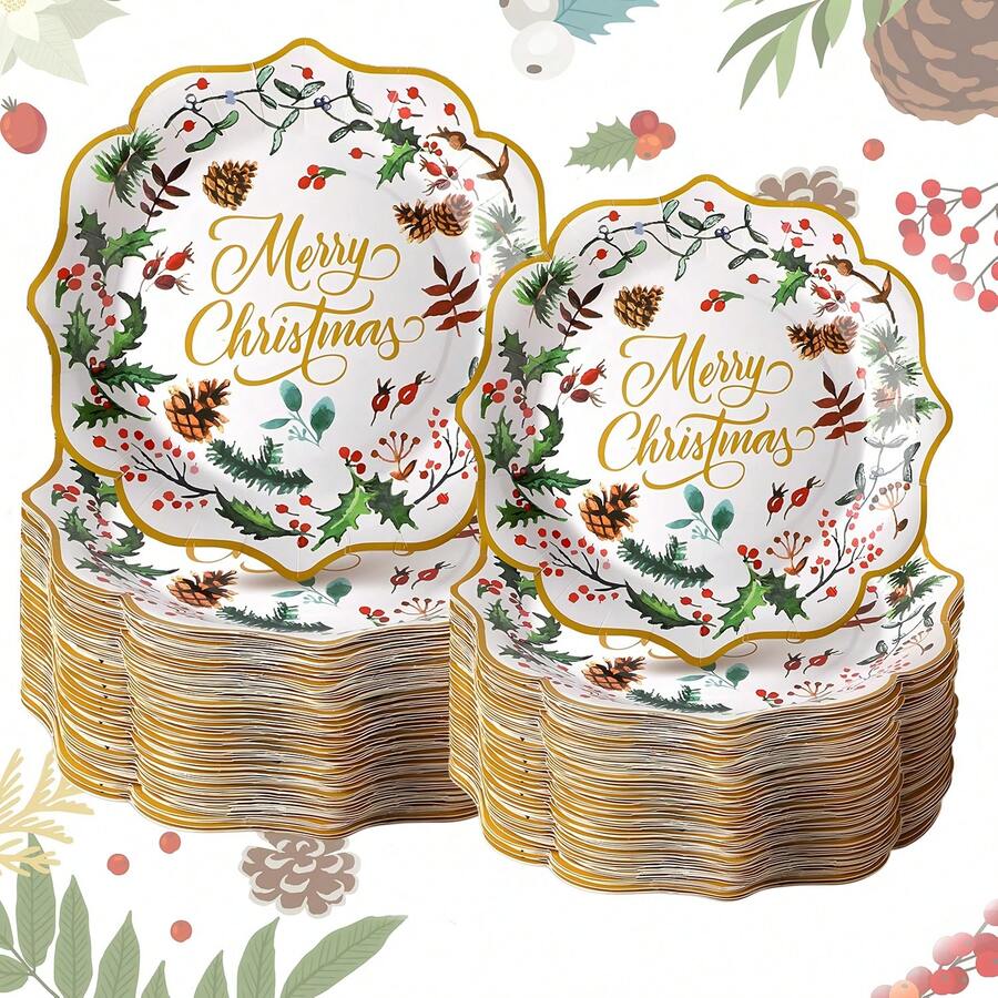 10pz/20pz/50pz Piatti di carta natalizi con bordo frastagliato, diametro 9 pollici, piatti monouso decorativi con bacche e agrifoglio, piatti da dessert natalizi di diametro 7 pollici, adatti per cene, dessert, feste di Natale e compleanni