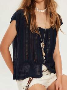 Women Button Down Ruffle Boho Tops Flowy Sheer Short Sleeve Square Neck Lace Blouse Y2k Going Out Blouse Loose Summer Vacation Vest - 藏蓝色 - 查看 2