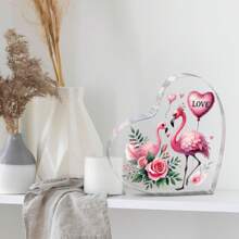 زينة أكريليك قلب بشكل فلامنغو مسطح 2D - بتصميم وردة وبالونات زهرية، مناسب لعيد الحب، عيد الميلاد، الذكرى السنوية، تركيب بدون بطاريات، زينة كلاسيكية بشكل فلامنغو للمكتب المسطح 2D