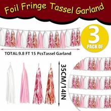 3P Metallic Fringe Tassel Banner Garland Foil Tinsel Streamer Wall Hanging Curtain Backdrop Banner For Parade Floats, Graduation Decorations, Father's Day Party Decoration(Silver)Halloween Christmas New Year - 玫瑰金 粉紅色 白色 - 查看 2