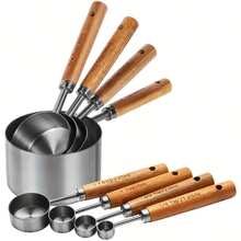 8pc Stainless Steel Measuring Cup And Spoon With Rosewood Handle, Durable Kitchen Baking Tools Including Spice Spoon And Coffee Spoon, Nested Design For Easy Storage, Suitable For Baking Cooking And Cocktail Making - Bộ 8 món bạc - Xem 2