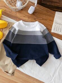 1pc Boys' Collegiate Striped Lightweight Knit Pullover Sweater, Suitable For School In Spring And Autumn - Navy Blue - View 2