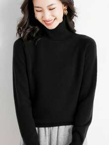 Popular Autumn And Winter Women's Sweaters, Turtleneck Sweaters, Long Sleeve Tops And Bottoms, Elegant And Warm - 黑色 - 查看 2