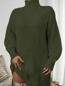 大码女式高领宽松纯色长袖毛衣连衣裙，秋冬