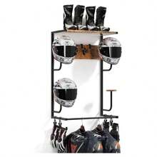 mteryoing Motorcycle Helmet Holder Wall Mount, Rustic Helmet Rack With Layer Wooden Boards And 4 Hat Stands For Motorcycle Gear Accessories Storage 4 Clips 4 Hooks For Glove Key Jacket Hanging - Black - View 1