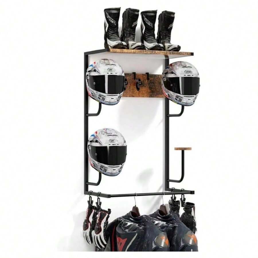 mteryoing Motorcycle Helmet Holder Wall Mount, Rustic Helmet Rack With Layer Wooden Boards And 4 Hat Stands For Motorcycle Gear Accessories Storage 4 Clips 4 Hooks For Glove Key Jacket Hanging - Black - View 1