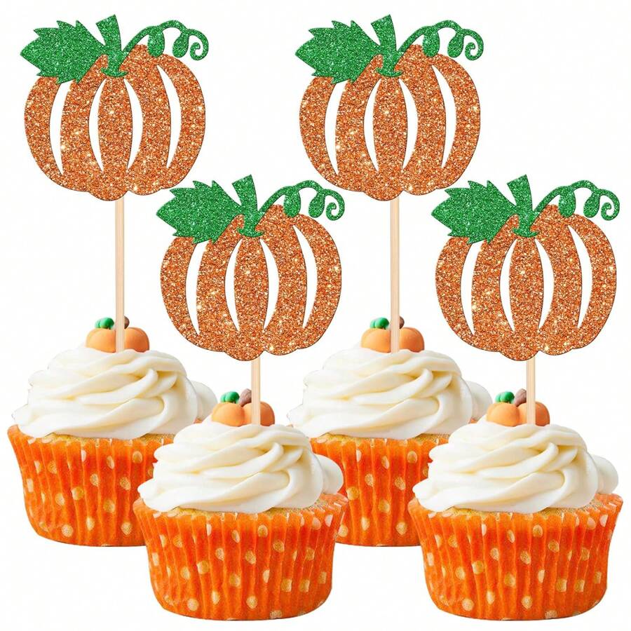 12/24 PCS Pumpkin Cupcake Toppers Glitter Fall Theme Cupcake Picks Pumpkin Themed Shower Birthday Thanksgiving Halloween Party Cake Decorations Supplies Orange