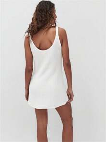 女式简约纯色华夫格面料宽松沙滩罩衫连衣裙，夏季 - 白色 - 查看 2