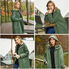UNIQUEBELLA Rain Jackets For Women Waterproof, Raincoat Long Hooded Rain Coats Outdoor Windbreaker Trench Coat - 綠色羊毛 - 查看 5