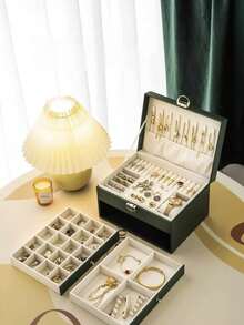 1件大容量三层珠宝盒，Pu皮革多功能珠宝盒，可上锁手表盒，便携式珠宝收纳盒，梳妆台带抽屉珠宝收纳盒，礼品皮革首饰盒，收纳盒，戒指耳环项链收纳盒