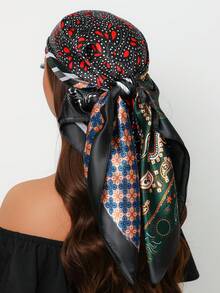 1pc Bohemian Paisley Print 35.4 Inch Square Scarf, Versatile Bandana For Women To Use As Headband, Hair Wrap, Shawl, Suitable For Casual & Street Style, Outdoor UV Protection - Black - View 2