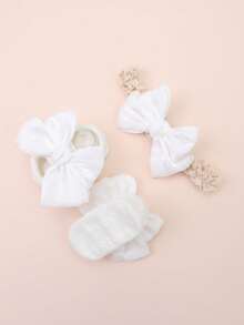 1 双女婴蝴蝶结装饰透气防滑袜子和 1 件公主头带，百搭百搭 - 白色 - 查看 5