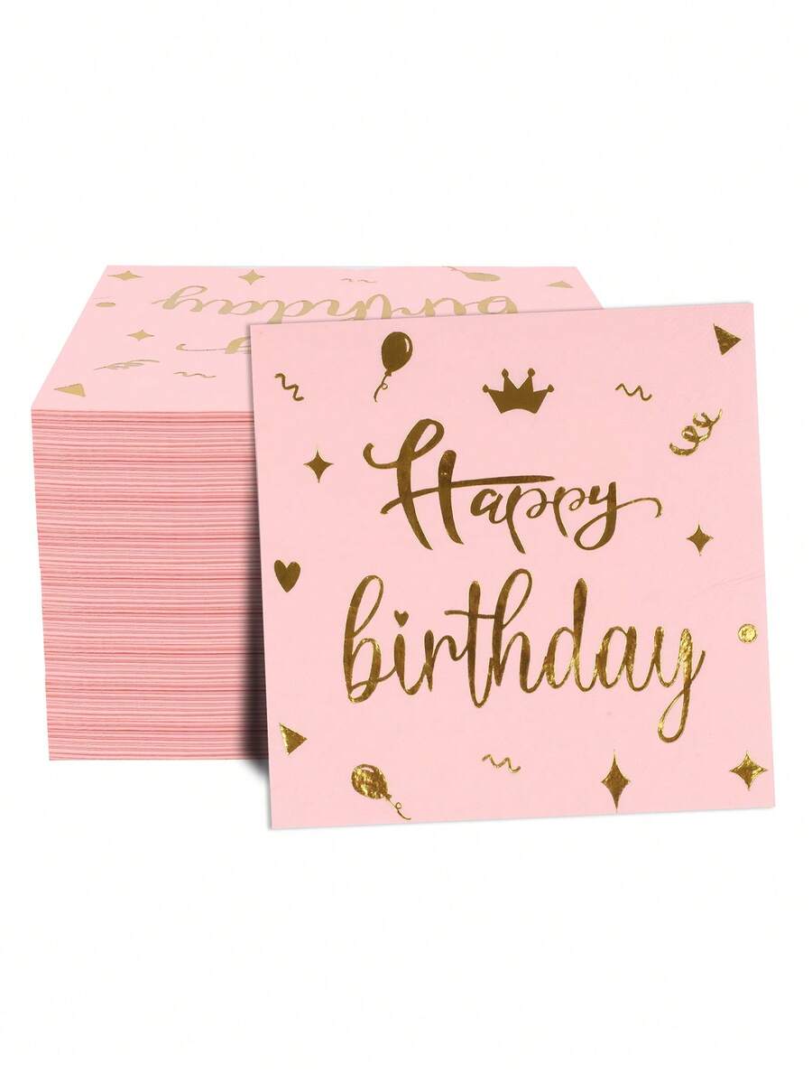 20 件/40 件/60 件/套薄纸，双层加厚铝箔粉色生日快乐图案餐巾，打开尺寸 13 英寸 X 13 英寸，适用于婚礼、茶会、生日派对装饰、派对用品、节日装饰、节日用品 - 粉色 - 查看 1