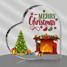 لوحة بلورية مسطحة بشكل قلب مع تصميم "عيد ميلاد مجيد" - مشهد من المدفأة والشجرة والجورب في عيد الميلاد، ديكور عيد الميلاد الأحمر والأخضر، مناسبة للمكتب أو الحائط، هدية عيد الميلاد المثالية، ديكور عيد الميلاد