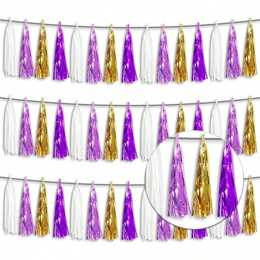 3P Metallic Fringe Tassel Banner Garland Foil Tinsel Streamer Wall Hanging Curtain Backdrop Banner For Parade Floats, Graduation Decorations, Father's Day Party Decoration(Silver)Halloween Christmas New Year - Purple Gold - 查看 1