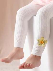 2 件女童秋冬罗纹 7/8 打底裤，柔软弹力纯色针织紧身裤，适合户外穿着，可爱花卉紧身裤 - 彩色 - 查看 5