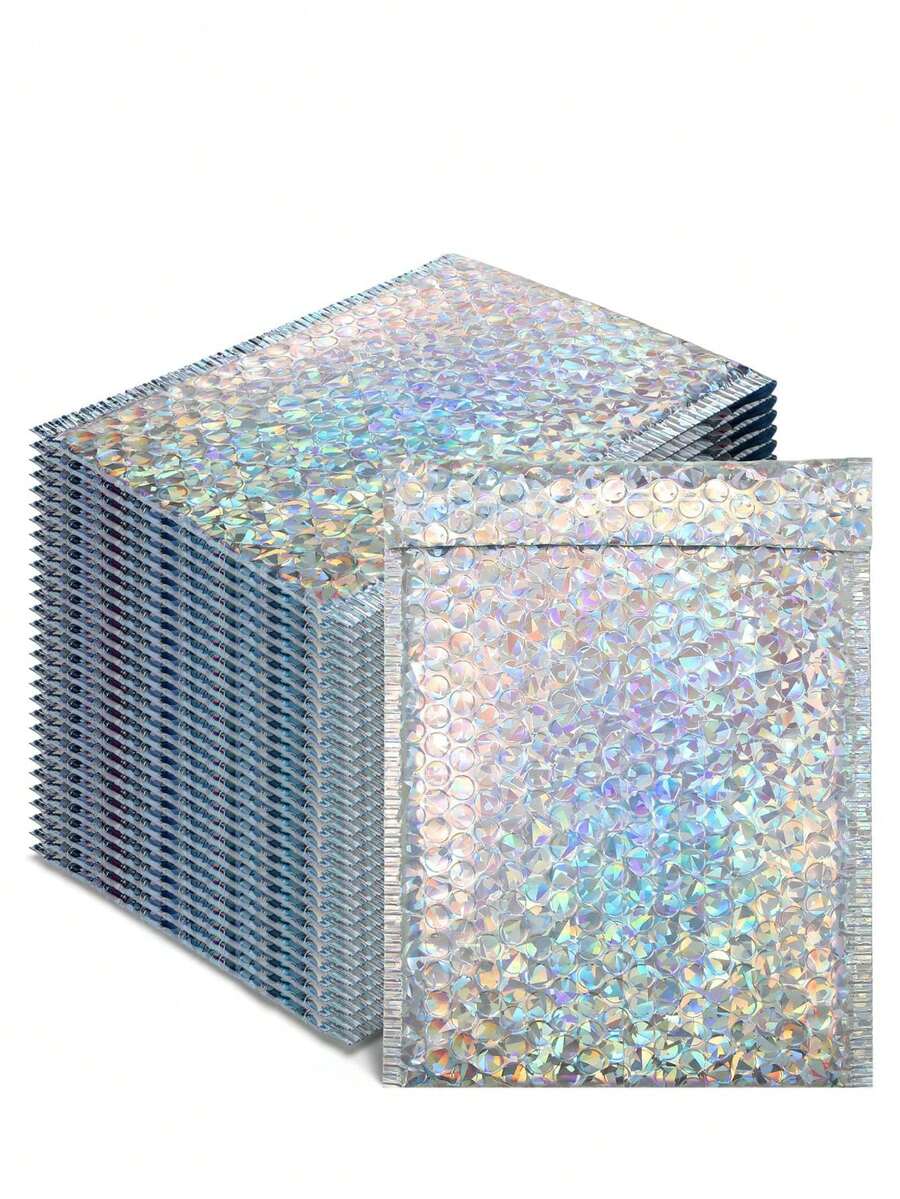 10/20/30/40/50pcs Metal Bubble Mailers, Holographic Bubble Envelopes, Polyethylene Padded Envelopes, Waterproof Self-Seal Shipping Bags, Foil Glitter Glamour Shipping Envelopes, Holographic Cushion Envelopes, Suitable For Books, Clothes, Cosmetics, Jewelry, Silver