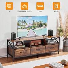 Mueble para TV Grande 147 CM, Mesa Con Regleta, Centro de Entretenimiento, Marco Metálico, 3 Cajones de Tela, para Salón, Dormitorio, 147*40*51 CM, Marrón - 1 - Ver 6