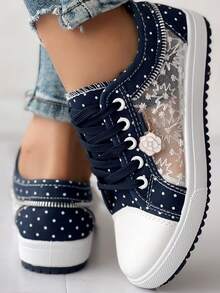 Women's Navy Blue Flower Decor Lace Mesh Low Top Sneakers, ChicMe Essence Autumn/Winter New Round Toe Lace Up Zipper Accent Ladies Casual Fashion Skate Shoes - 深藍色 - 查看 5