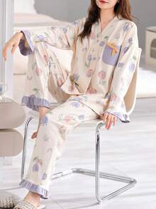 2 pièces/Set Femmes Pyjama Ouvert Devant Col V, Haut à Manches Longues et Pantalon Long, Vêtements Confortables pour la Maison, Printemps/Automne, Vêtements Automne Hiver - Parme - Voir 2