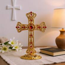 十字壁炉装饰 - 闪闪发光的莱茵石金属十字架，红/白水晶，优雅的家居装饰