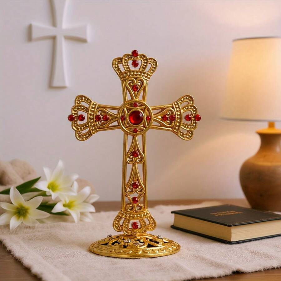 十字壁炉装饰 - 闪闪发光的莱茵石金属十字架，红/白水晶，优雅的家居装饰