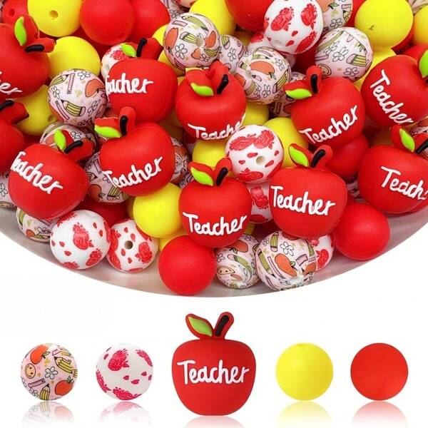 3/28pcs Silicone Beads With 3D Apple Shape, Learning Elements, Printed Beads Suitable For Jewelry Decoration Accessories, Chain String Beads Pen Beads Makeup Brush Keychain And Other DIY Kit Accessories Suitable For Holiday Gifts -Beads & Bead Assortments