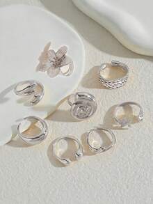 8 pièces/set Ensemble d'anneaux style punk, Ensemble d'anneaux géométriques vintage pour femmes, Cadeau de bijoux de mode personnalisé, Convient pour la tenue quotidienne et les accessoires de fête - Argent - Voir 2