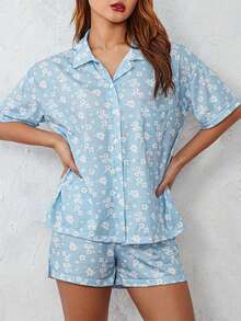 Women 2 Piece Pajamas Set Short Sleeve Floral Print Button Shirt Tops Shorts - Màu xanh lam - Xem 5