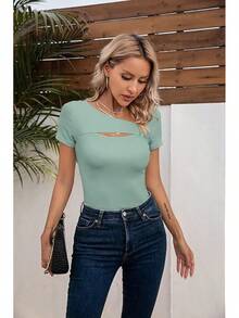 Womens Fashion Fall Cutout Long Sleeve Ribbed Slim Fitted Tops Shirts Tee Tshirts - Short-moss Green - View 8
