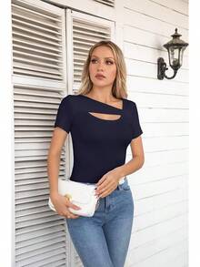 Womens Fashion Fall Cutout Long Sleeve Ribbed Slim Fitted Tops Shirts Tee Tshirts - 短版海軍藍 - 查看 6