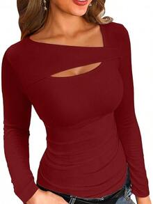 Womens Fashion Fall Cutout Long Sleeve Ribbed Slim Fitted Tops Shirts Tee Tshirts - 長葡萄酒紅 - 查看 1