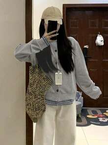 美式灰色女式运动衫夹克，新款二合一棒球服上衣，秋冬 - 灰色 - 查看 3