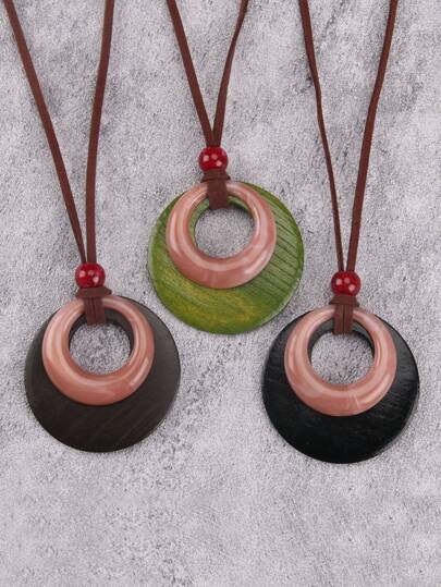 1pc Vintage Boho Wooden Disc & Resin Round Pendant Beaded Necklace, Necklace Accessory, Fashion Holiday Gift For Men & Women