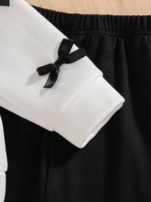 Conjunto de 2 peças de moletom com capuz e calça de lã com decoração casual de laço, gola redonda, ombro caído, manga comprida, para meninas, adequado para outono e inverno