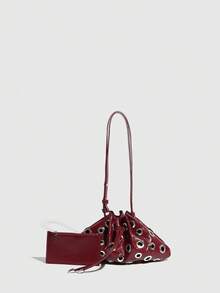 Edgy Metallic Rivet Shoulder Bag – Hollow Eyelet Drawstring Bucket Purse For Women |   Gothic-Chic Messenger Crossbody Bag - Rượu vang đỏ - Xem 7