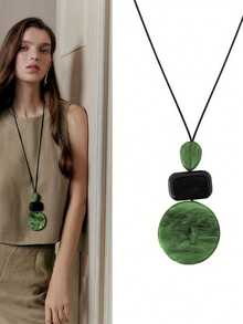 1 件波西米亚风格长吊坠项链，女士复古几何毛衣项链配饰，高端感 - 綠色 - 查看 2