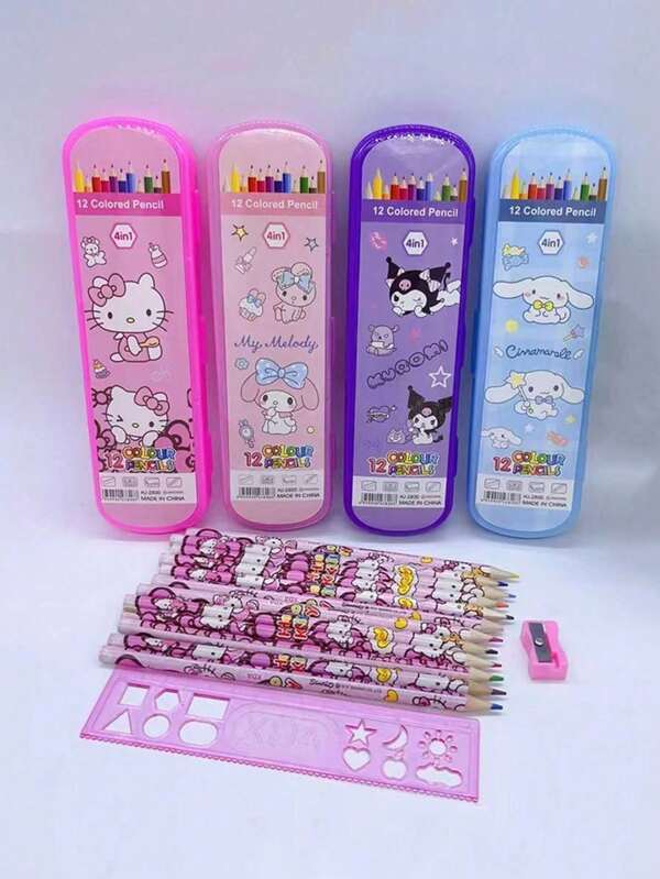 Sanrio 12Pcs Hello Kitty Colored Pencils Set With Pencil Sharpener And Ruler Kuromi Oil Based Drawing Pencils Art Supplies Kit For Suitable For Painting Back To School School Supplies(Some Parts May Be Random)