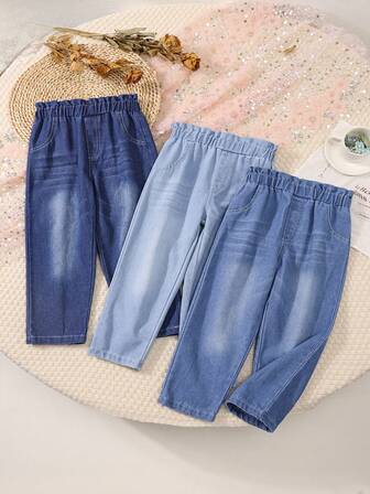 3 Pairs Girls Casual High Waist Denim Jeans In Light/Medium Blue, Elastic Waist, For Spring Autumn