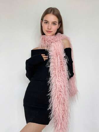 1pc Women Elegant Fluffy Long Scarf/Neckerchief, Warm & Fashionable, Adorned Scarf For Autumn/Winter For Dress