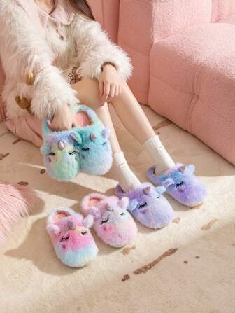 Women's Thermal-Lined Slippers, Cute & Colorful Unicorn Design, Warm Fluffy Indoor House Slip-On Shoes, Non-Slip, For Autumn & Winter