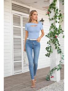 Womens Fashion Fall Cutout Long Sleeve Ribbed Slim Fitted Tops Shirts Tee Tshirts - 短款藍灰色 - 查看 5