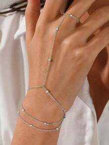 1pc 3-Layer Stainless Steel Finger Chain Bracelet, 18K Gold Plated, Rice Beads, Minimalist Geometric Design - Beaded Bracelet - View 7