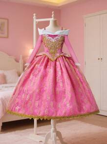 Luxury Lace Applique Off Shoulder Princess Party Dress For Young Girls, Suitable For Outings, Friends Gathering, Birthday Party, Princess Party, Back To School, Stage Performance And Other Major Events
