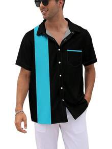 Vintage 1950s Casual Short Sleeve Button Up Contrast Summer Color Block Cuban Bowling Shirts Men - 藍色環礁和黑色 - 查看 2