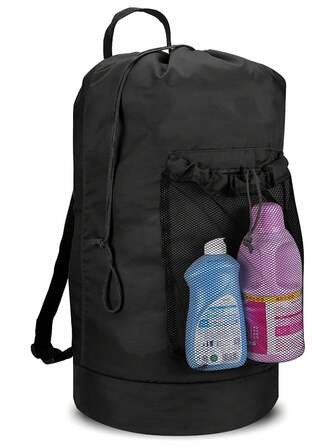 Backpack Laundry Bag, Laundry Backpack With Shoulder Straps And Mesh Pocket Durable Nylon Clothes Hamper Bag With Drawstring Closure For College, Travel, Laundromat, Apartment