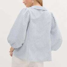 Women's Striped Button Down Shirt Smocked Long Puff Sleeve Oversized Boyfriend Blouse Loose Pocket Office Work Top - Màu xanh da trời - Xem 2